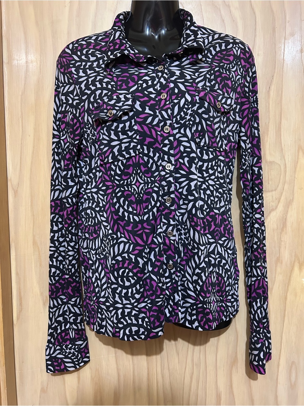 Tory Burch Black, White & Purple Printed Button-Down Silk Shirt